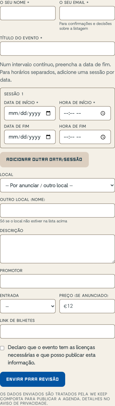 Public event submission form on a mobile phone.